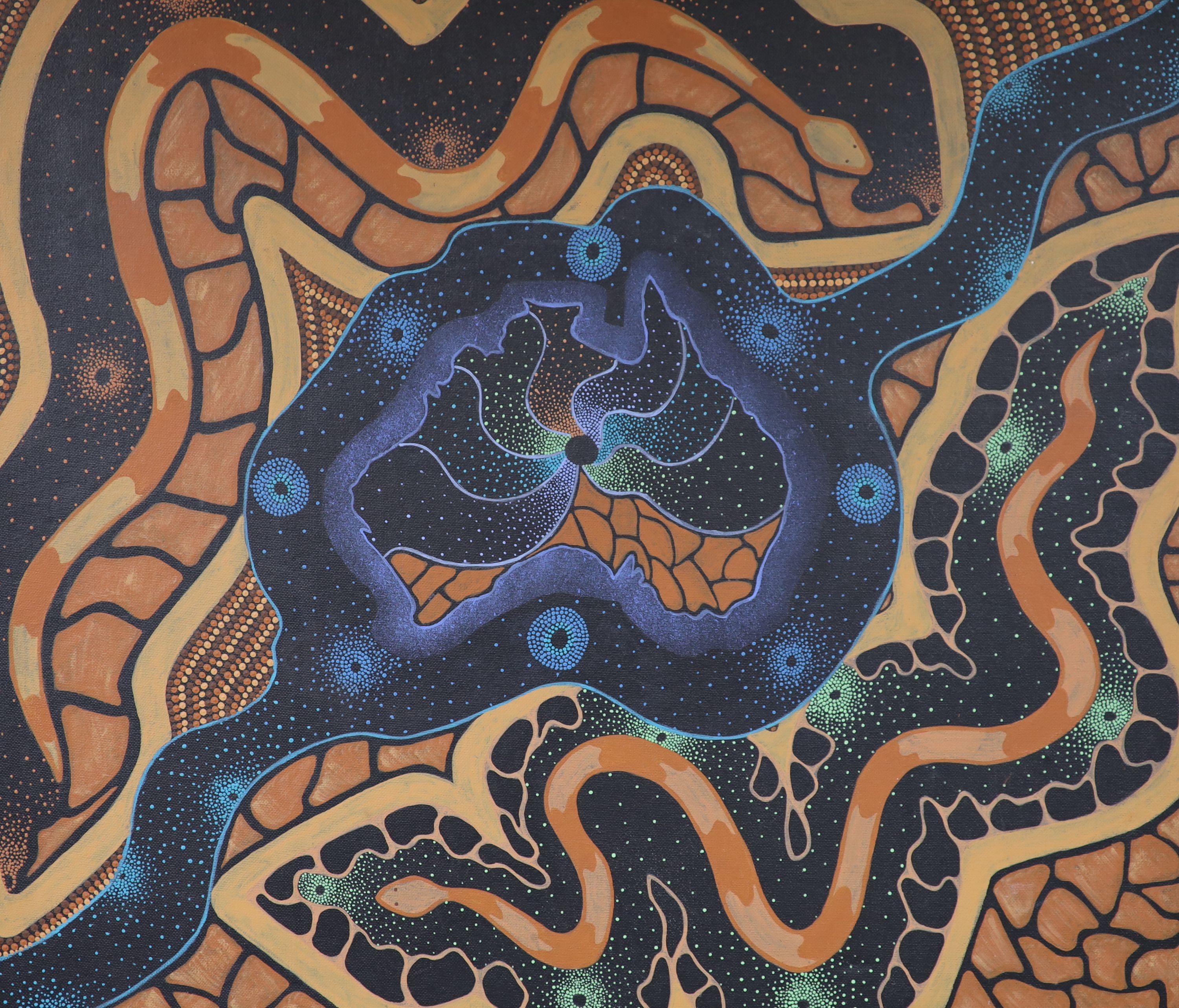 First Nation Aboriginal School in the Nukunu manner, oil on canvas, 'Snake and river', 58 x 67cm